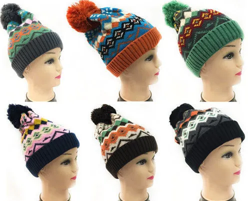 women knit winter hat geometric pattern w/pompom Case of 12