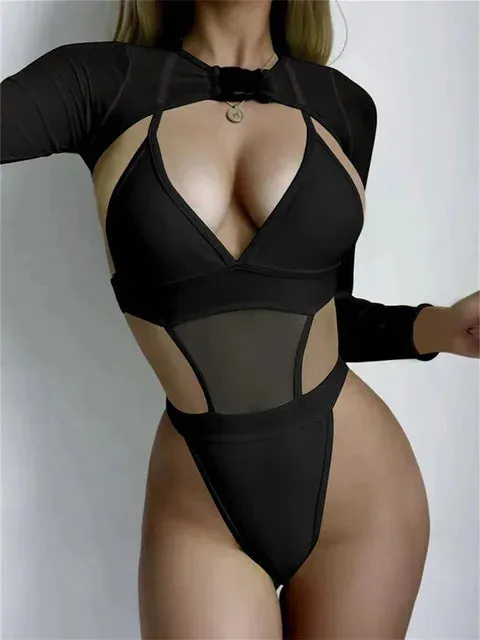 Women Long Sleeve Mesh Sheer Bodysuit Sets