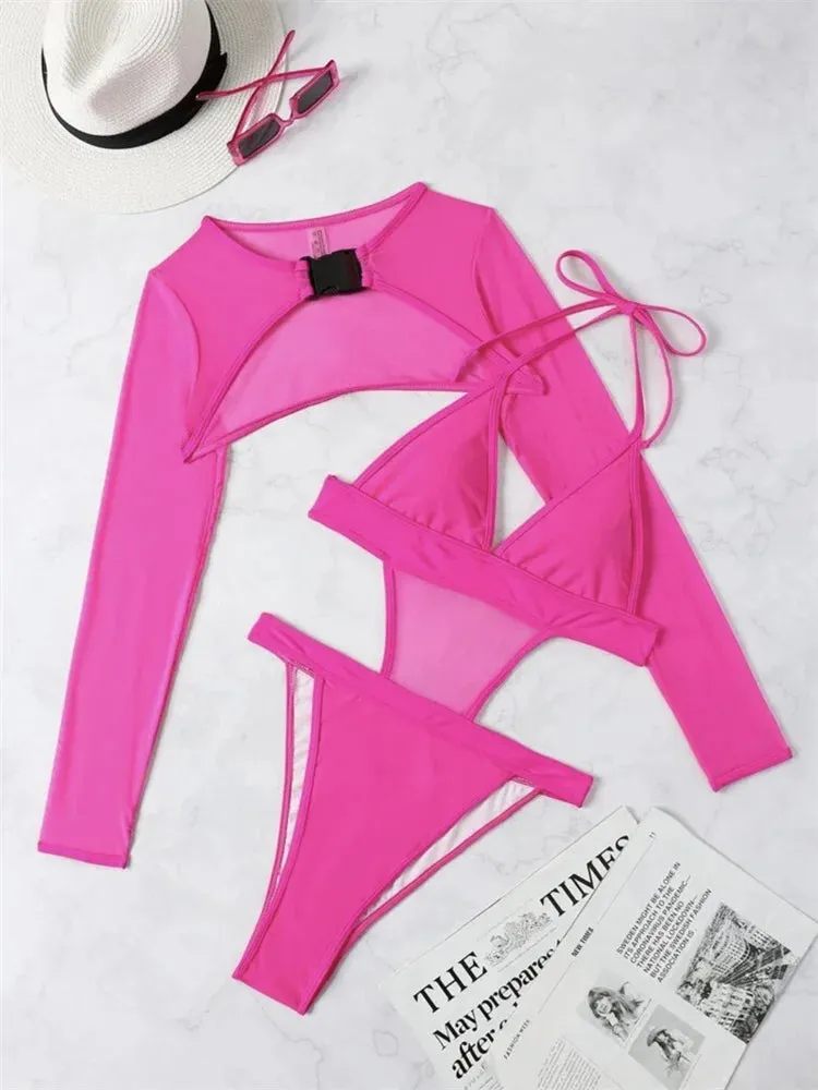 Women Long Sleeve Mesh Sheer Bodysuit Sets