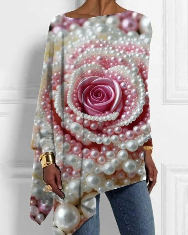 Women's 3D Pearl Flower Print Irregular Top