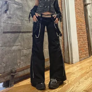 Women's Spring/Autumn Gothic Black Wide Leg Hight Waist Casual Pants