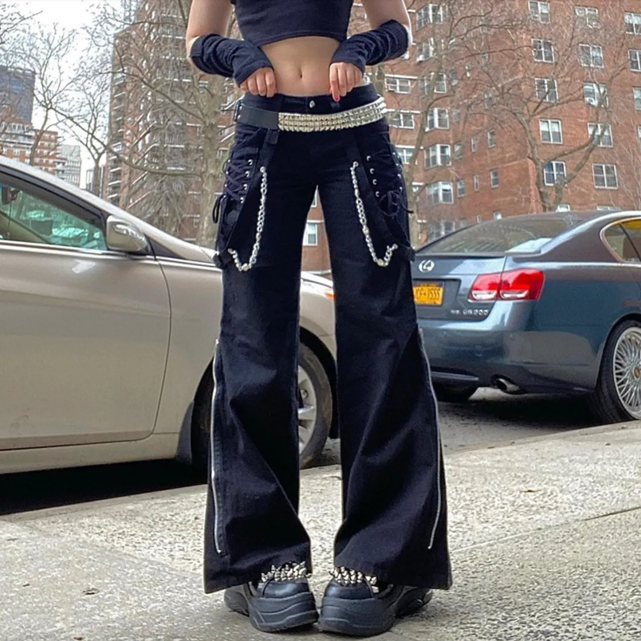 Women's Spring/Autumn Gothic Black Wide Leg Hight Waist Casual Pants