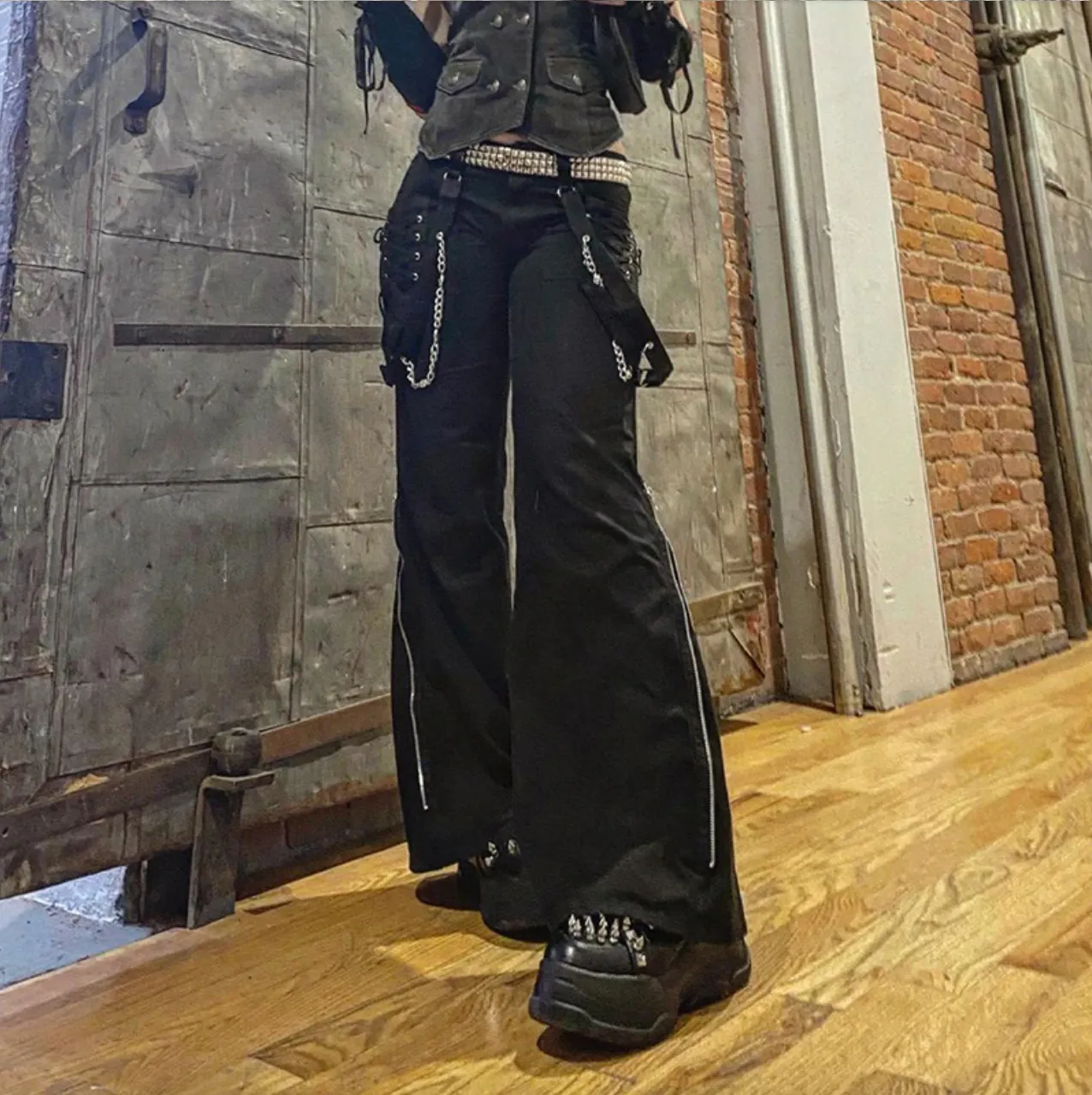 Women's Spring/Autumn Gothic Black Wide Leg Hight Waist Casual Pants
