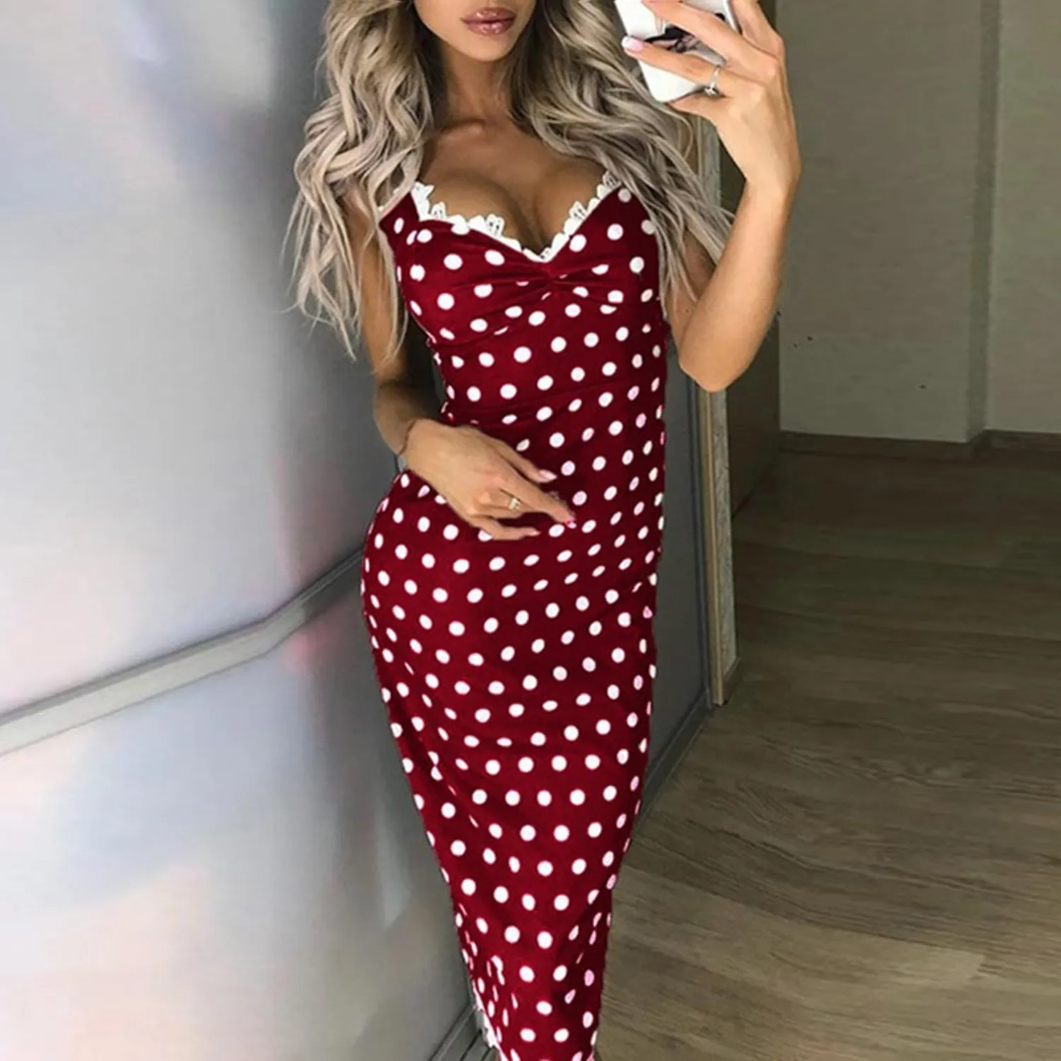 Women's Summer V-Neck Bodycon Dress With Polka Dot Print