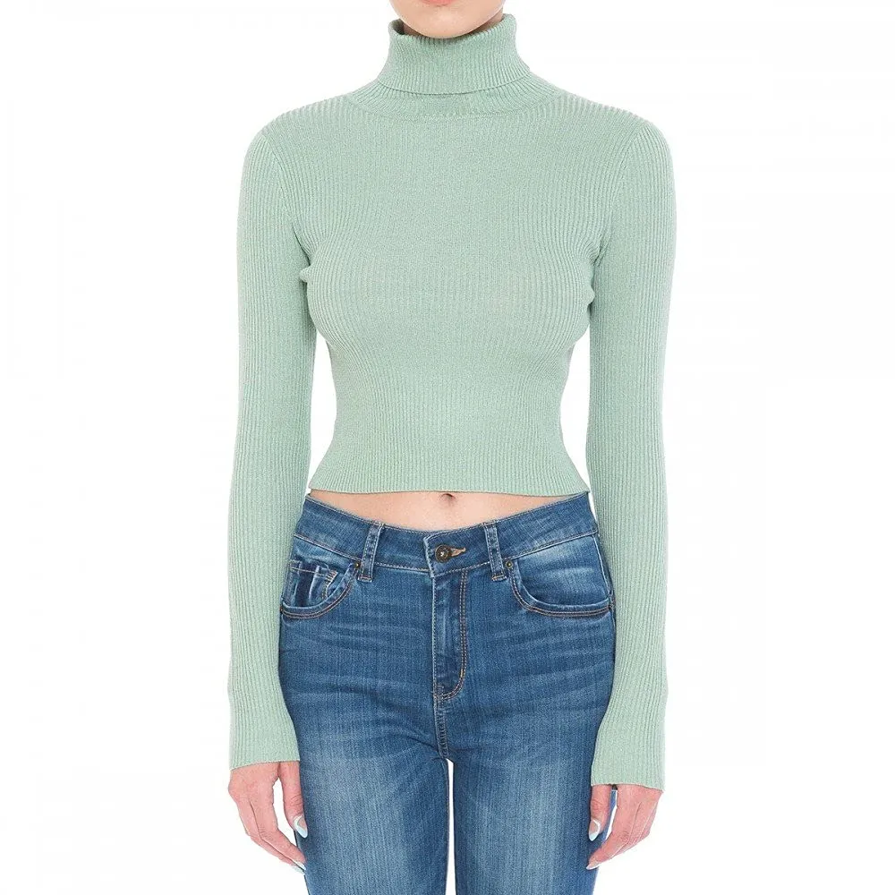Women's Turtle Neck Long Sleeve Fine Gauge Sweater Crop Top