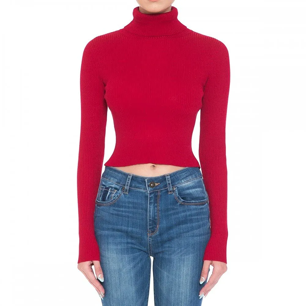 Women's Turtle Neck Long Sleeve Fine Gauge Sweater Crop Top