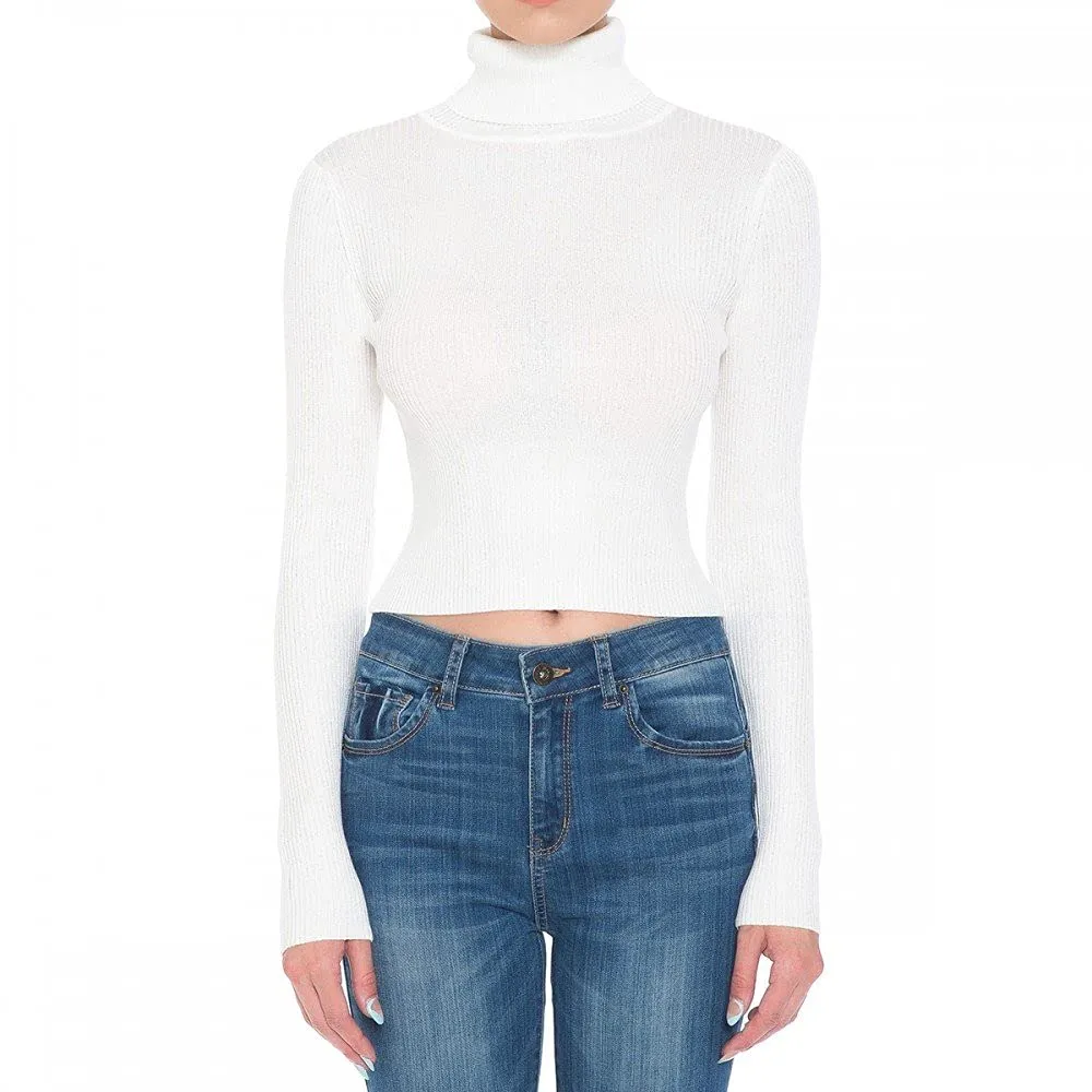 Women's Turtle Neck Long Sleeve Fine Gauge Sweater Crop Top