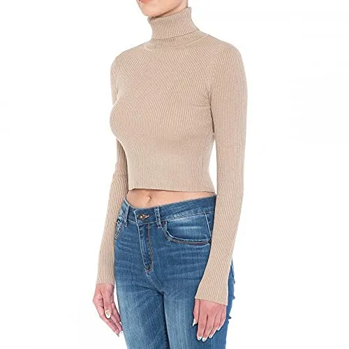 Women's Turtle Neck Long Sleeve Fine Gauge Sweater Crop Top