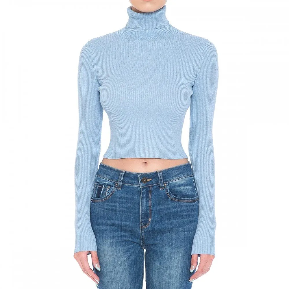 Women's Turtle Neck Long Sleeve Fine Gauge Sweater Crop Top