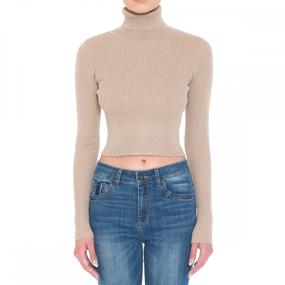 Women's Turtle Neck Long Sleeve Fine Gauge Sweater Crop Top