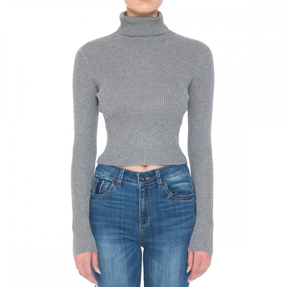Women's Turtle Neck Long Sleeve Fine Gauge Sweater Crop Top