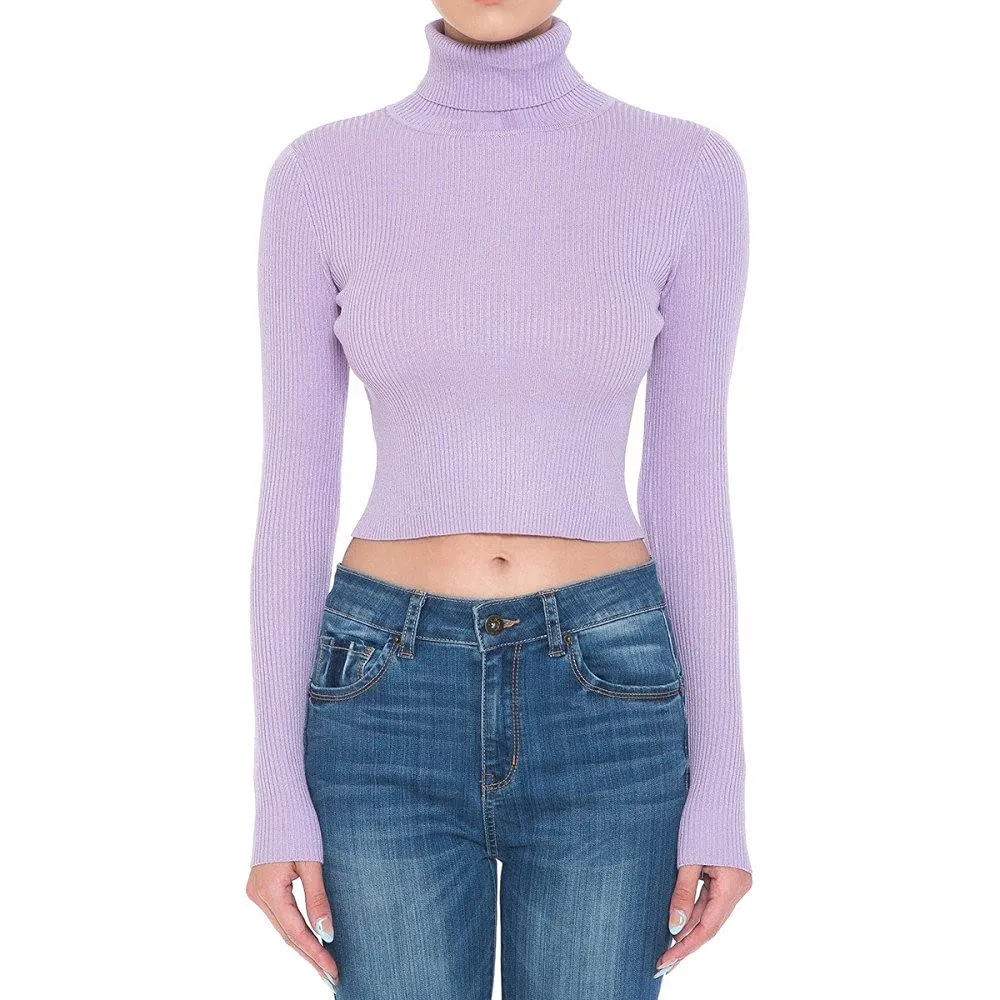 Women's Turtle Neck Long Sleeve Fine Gauge Sweater Crop Top