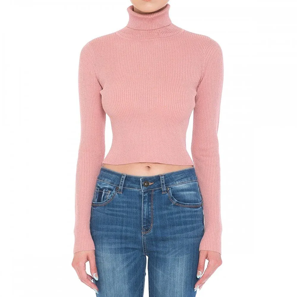 Women's Turtle Neck Long Sleeve Fine Gauge Sweater Crop Top