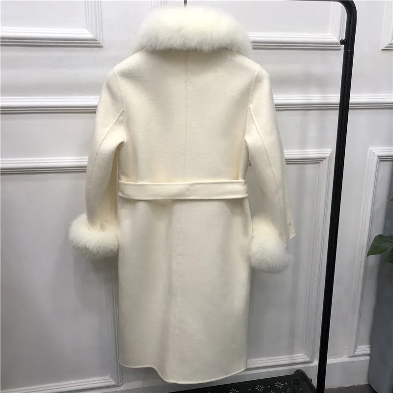 Women's Winter Long Cashmere Warm Trench With Fox Fur