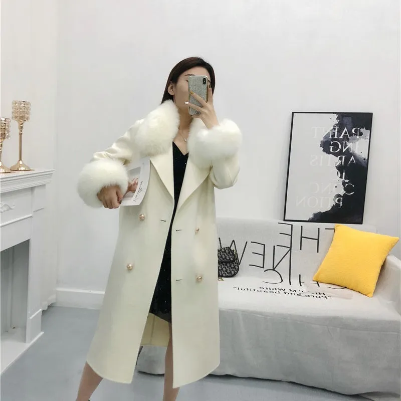 Women's Winter Long Cashmere Warm Trench With Fox Fur