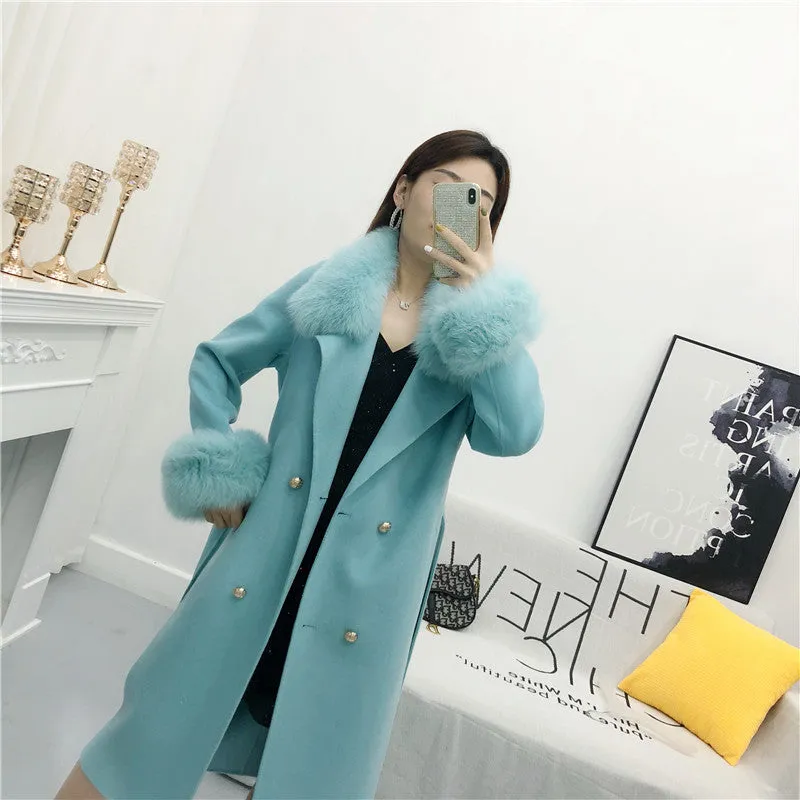 Women's Winter Long Cashmere Warm Trench With Fox Fur