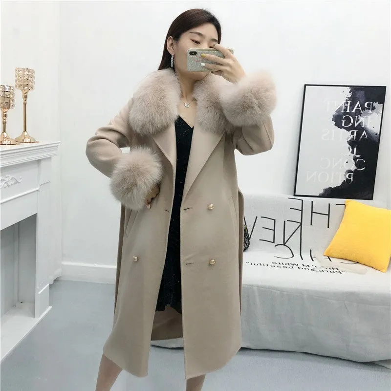Women's Winter Long Cashmere Warm Trench With Fox Fur