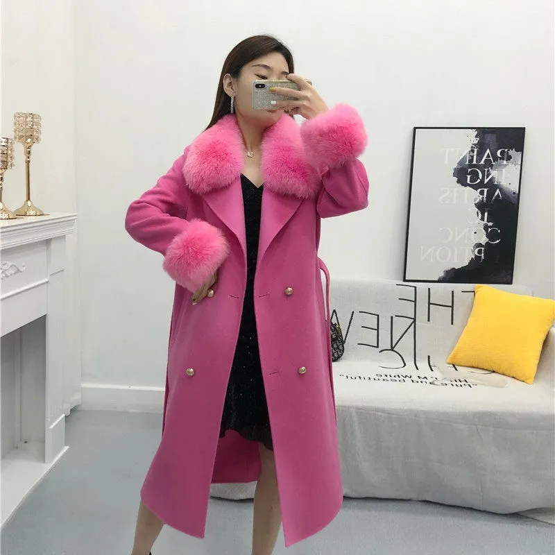 Women's Winter Long Cashmere Warm Trench With Fox Fur