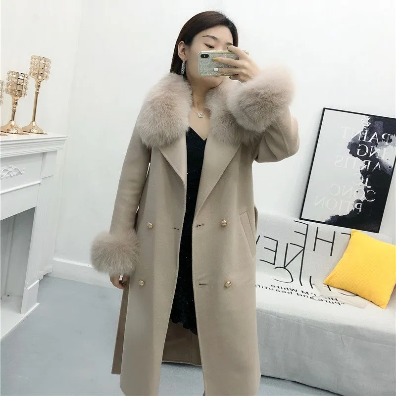 Women's Winter Long Cashmere Warm Trench With Fox Fur