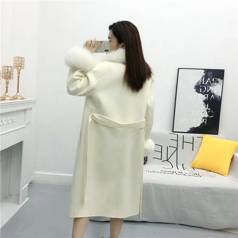 Women's Winter Long Cashmere Warm Trench With Fox Fur
