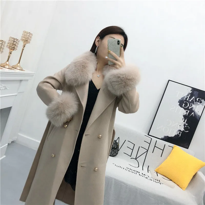 Women's Winter Long Cashmere Warm Trench With Fox Fur