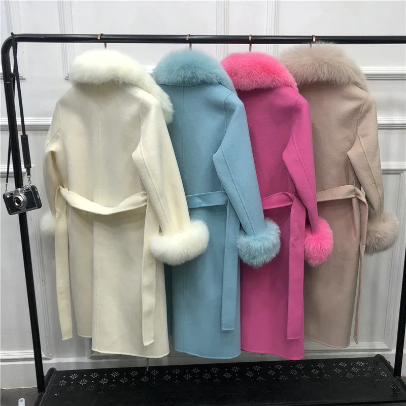 Women's Winter Long Cashmere Warm Trench With Fox Fur