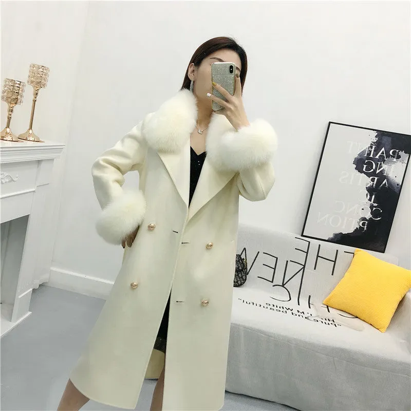 Women's Winter Long Cashmere Warm Trench With Fox Fur