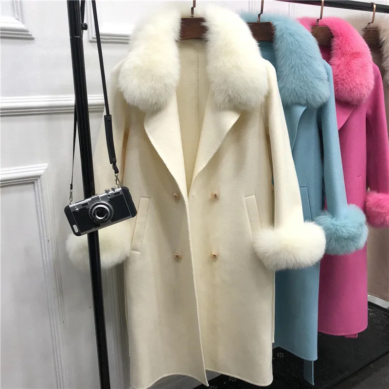 Women's Winter Long Cashmere Warm Trench With Fox Fur