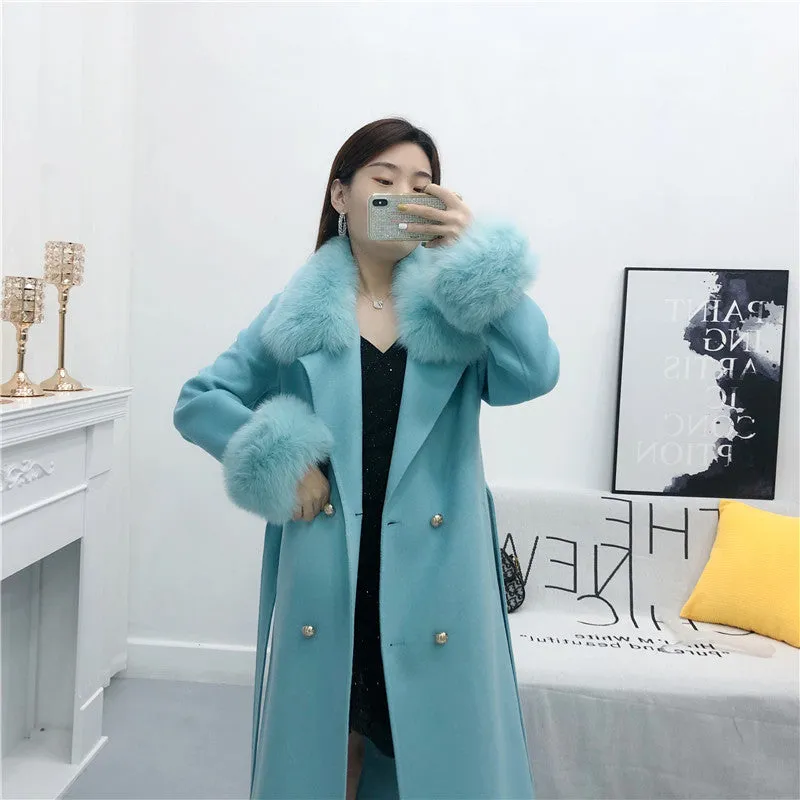 Women's Winter Long Cashmere Warm Trench With Fox Fur