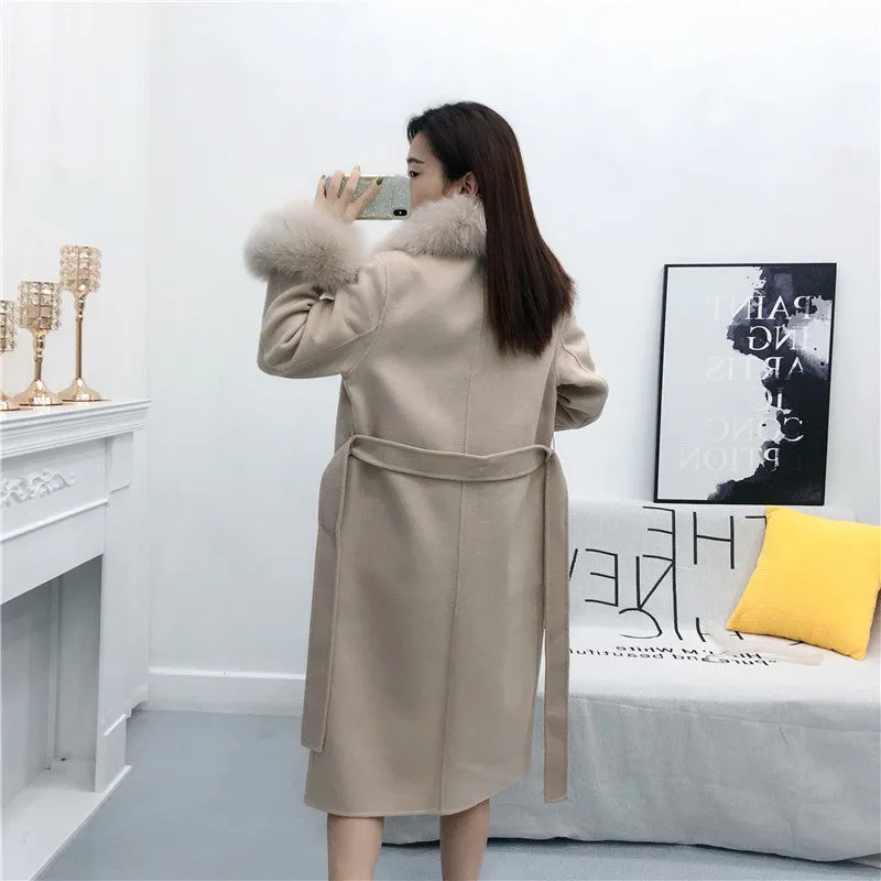 Women's Winter Long Cashmere Warm Trench With Fox Fur