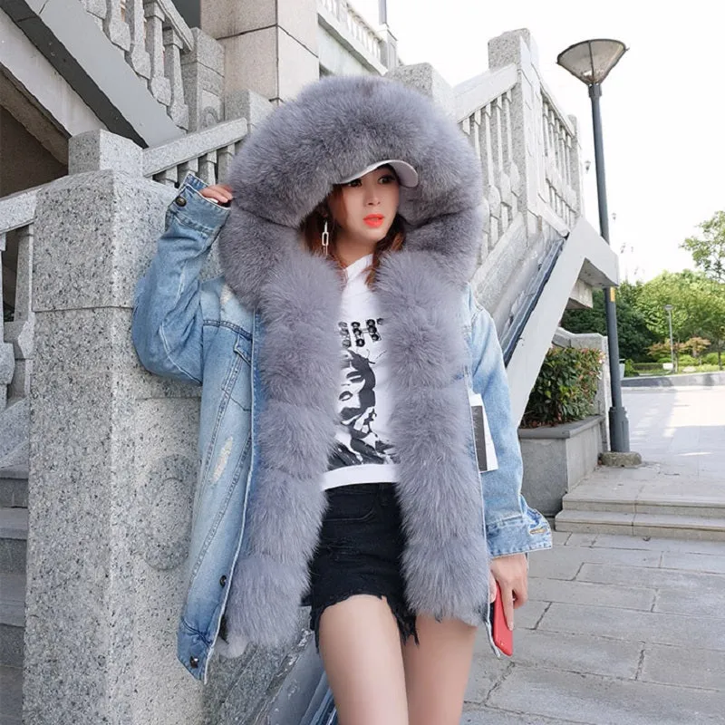 Women's Winter Warm Denim Parka With Fox Fur