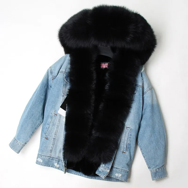 Women's Winter Warm Denim Parka With Fox Fur
