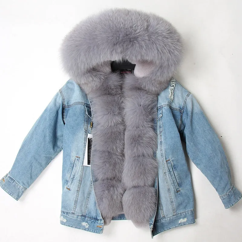 Women's Winter Warm Denim Parka With Fox Fur