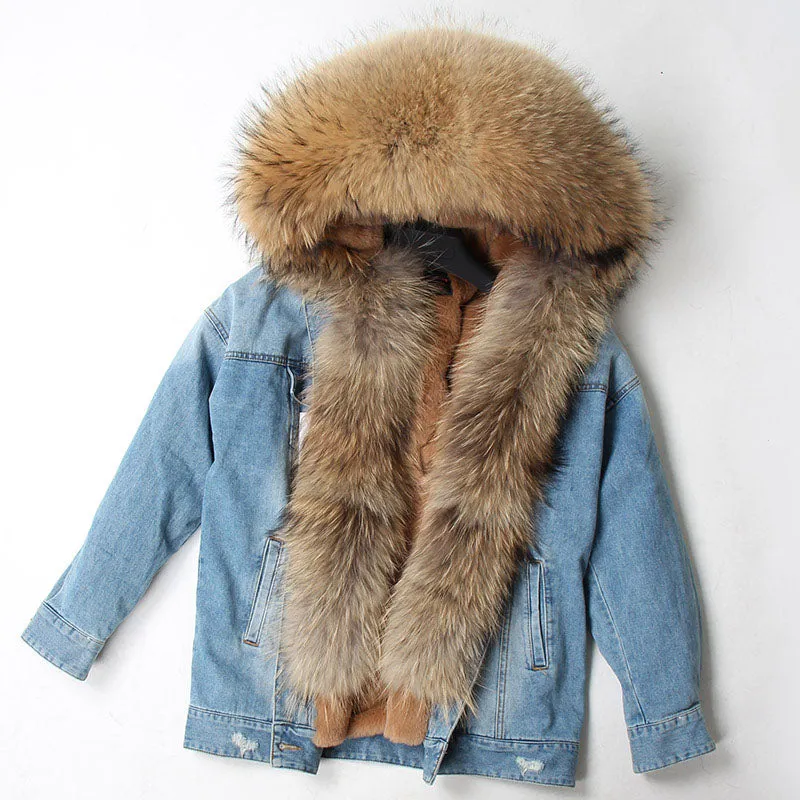 Women's Winter Warm Denim Parka With Fox Fur