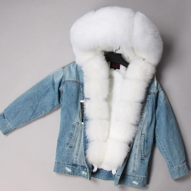 Women's Winter Warm Denim Parka With Fox Fur