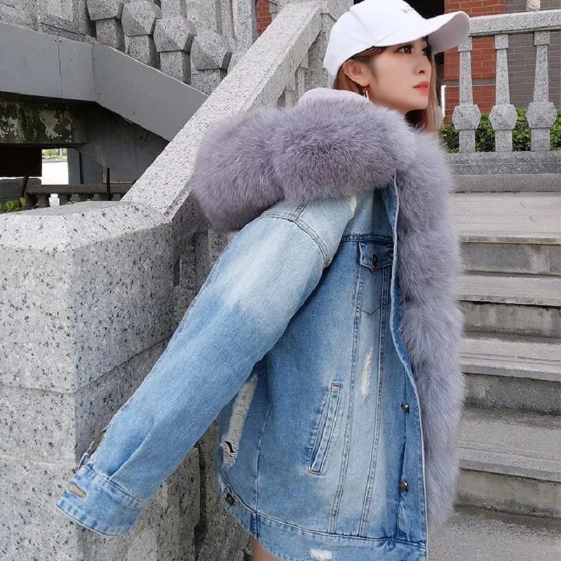Women's Winter Warm Denim Parka With Fox Fur