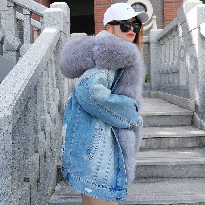 Women's Winter Warm Denim Parka With Fox Fur