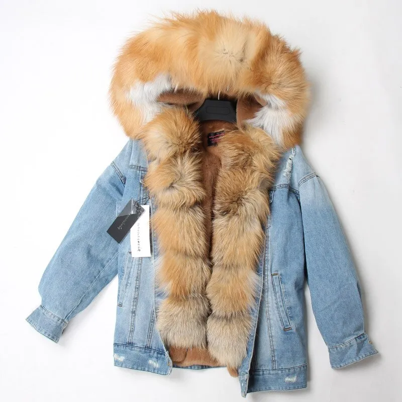 Women's Winter Warm Denim Parka With Fox Fur