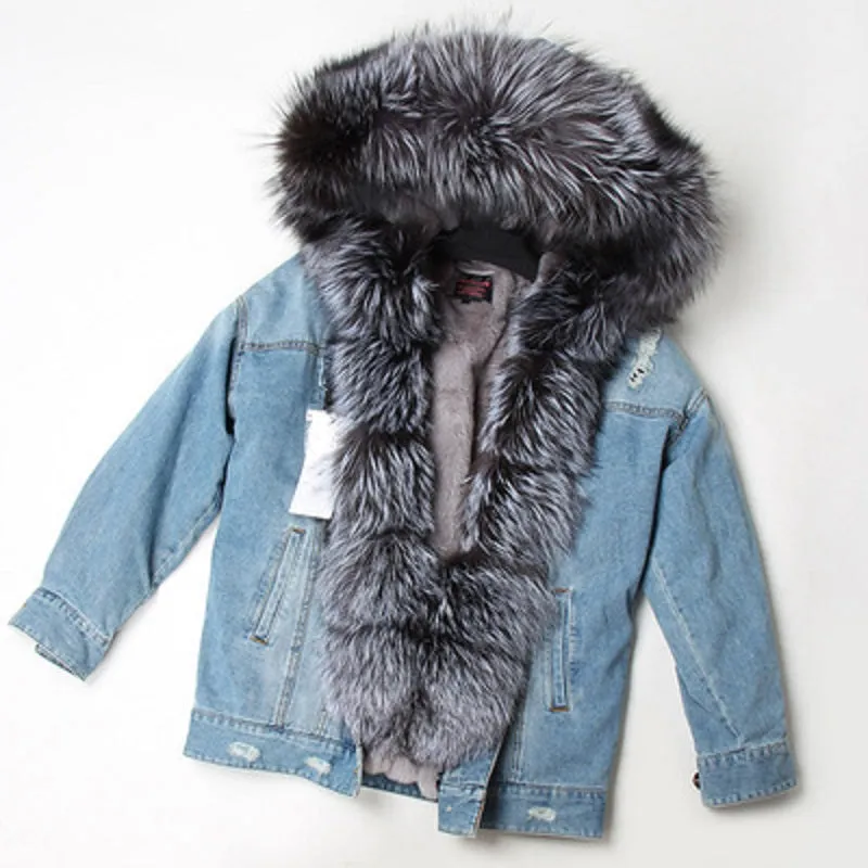 Women's Winter Warm Denim Parka With Fox Fur