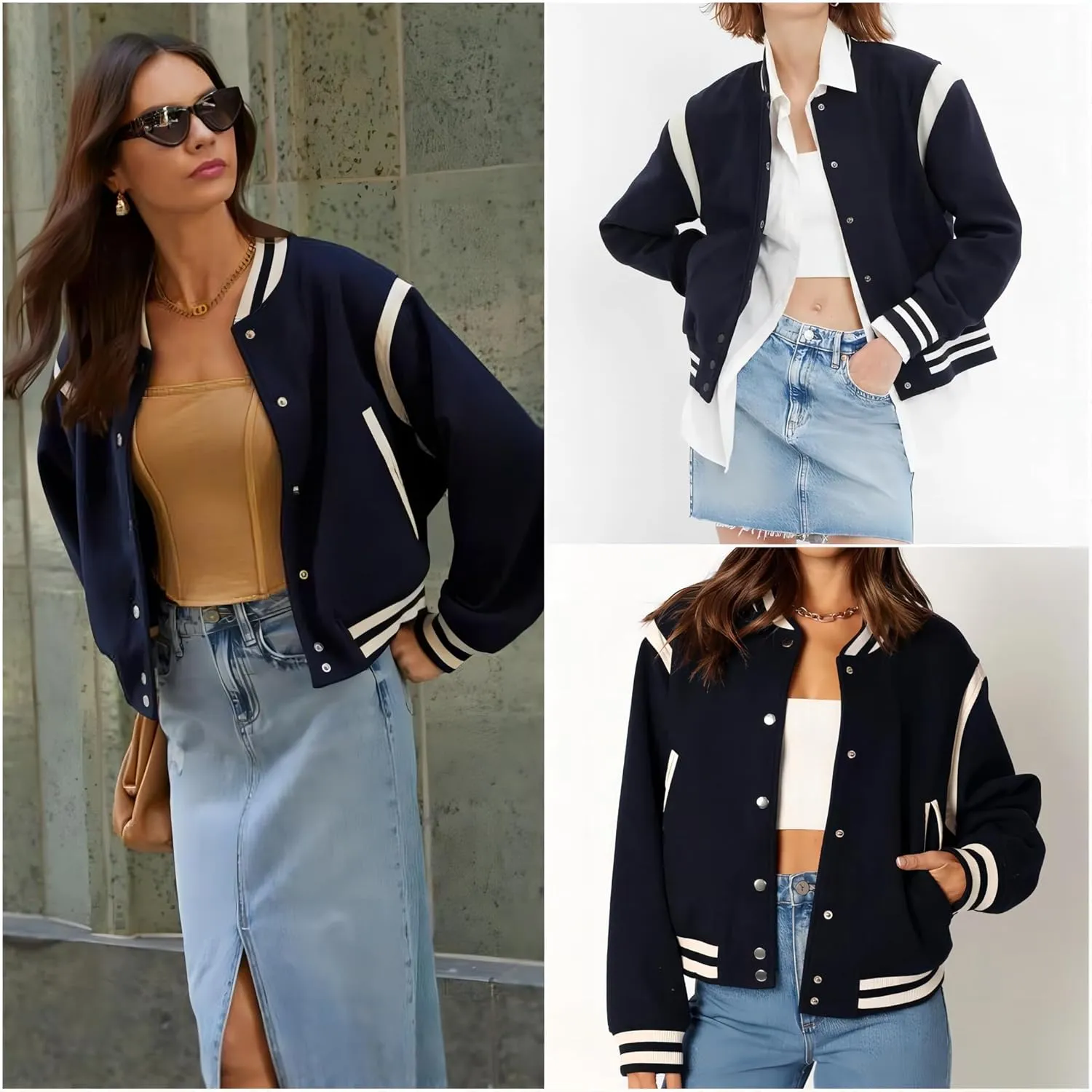 Zeagoo Women's Bomber Jacket Casual Striped Button Down Coat