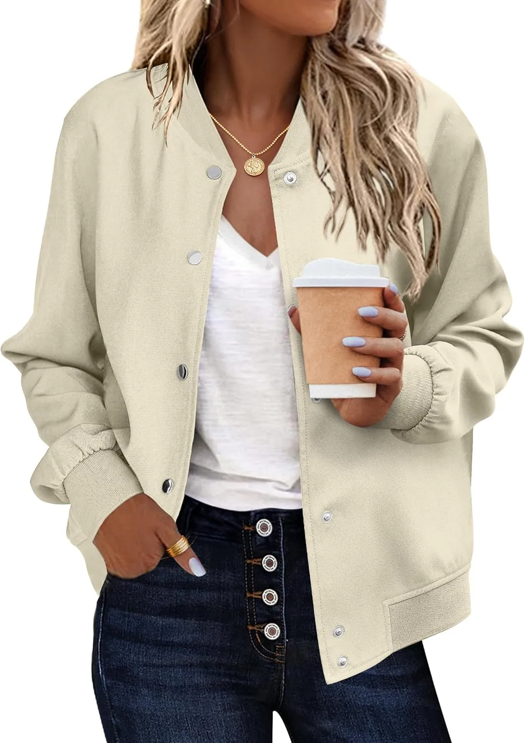 Zeagoo Women's Bomber Jacket Casual Striped Button Down Coat