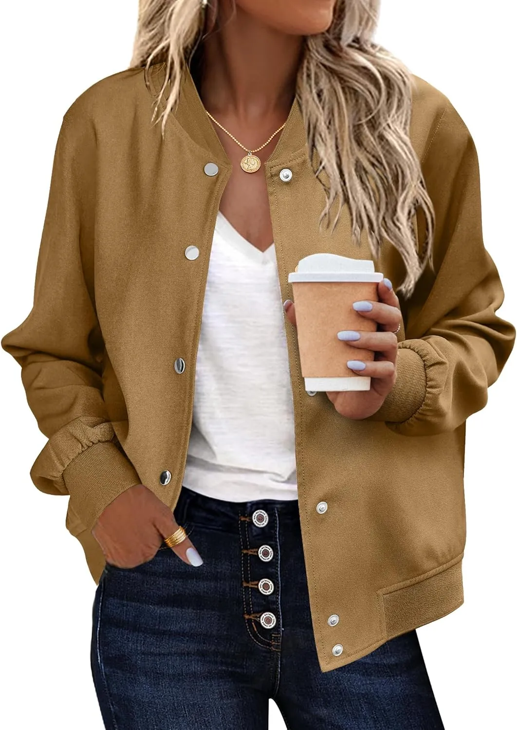 Zeagoo Women's Bomber Jacket Casual Striped Button Down Coat
