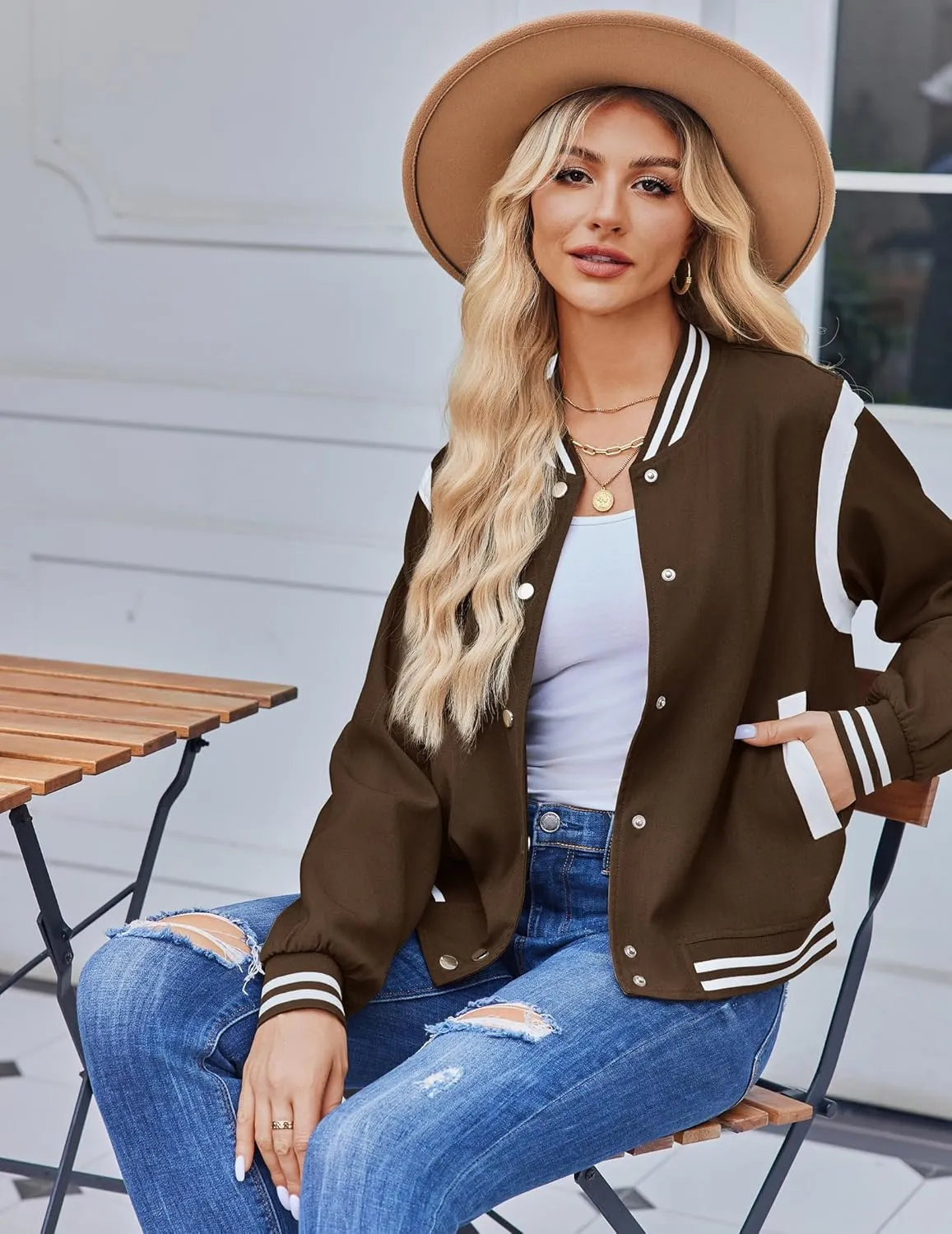 Zeagoo Women's Bomber Jacket Casual Striped Button Down Coat