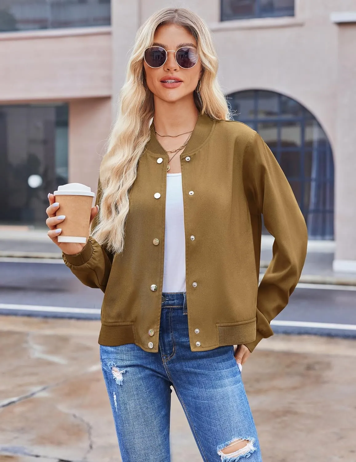 Zeagoo Women's Bomber Jacket Casual Striped Button Down Coat