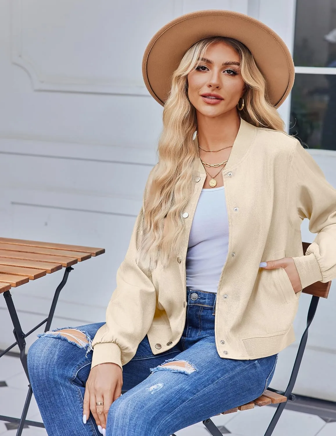 Zeagoo Women's Bomber Jacket Casual Striped Button Down Coat