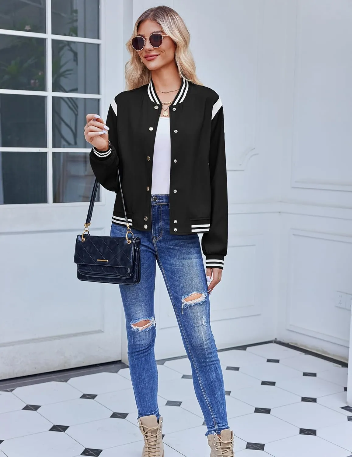 Zeagoo Women's Bomber Jacket Casual Striped Button Down Coat