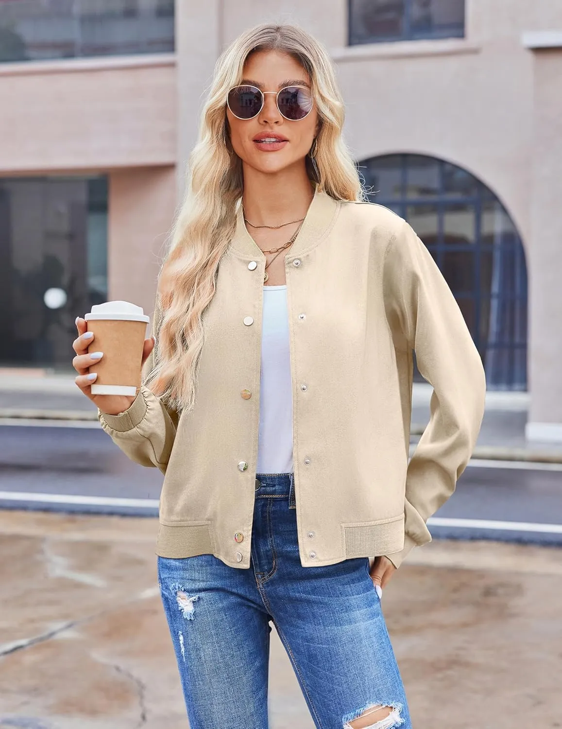 Zeagoo Women's Bomber Jacket Casual Striped Button Down Coat