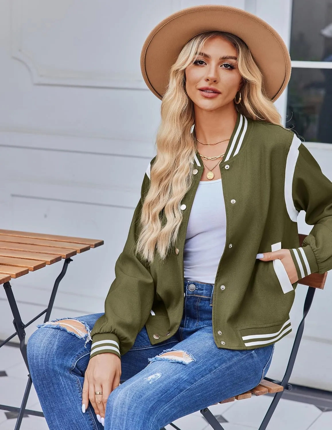 Zeagoo Women's Bomber Jacket Casual Striped Button Down Coat