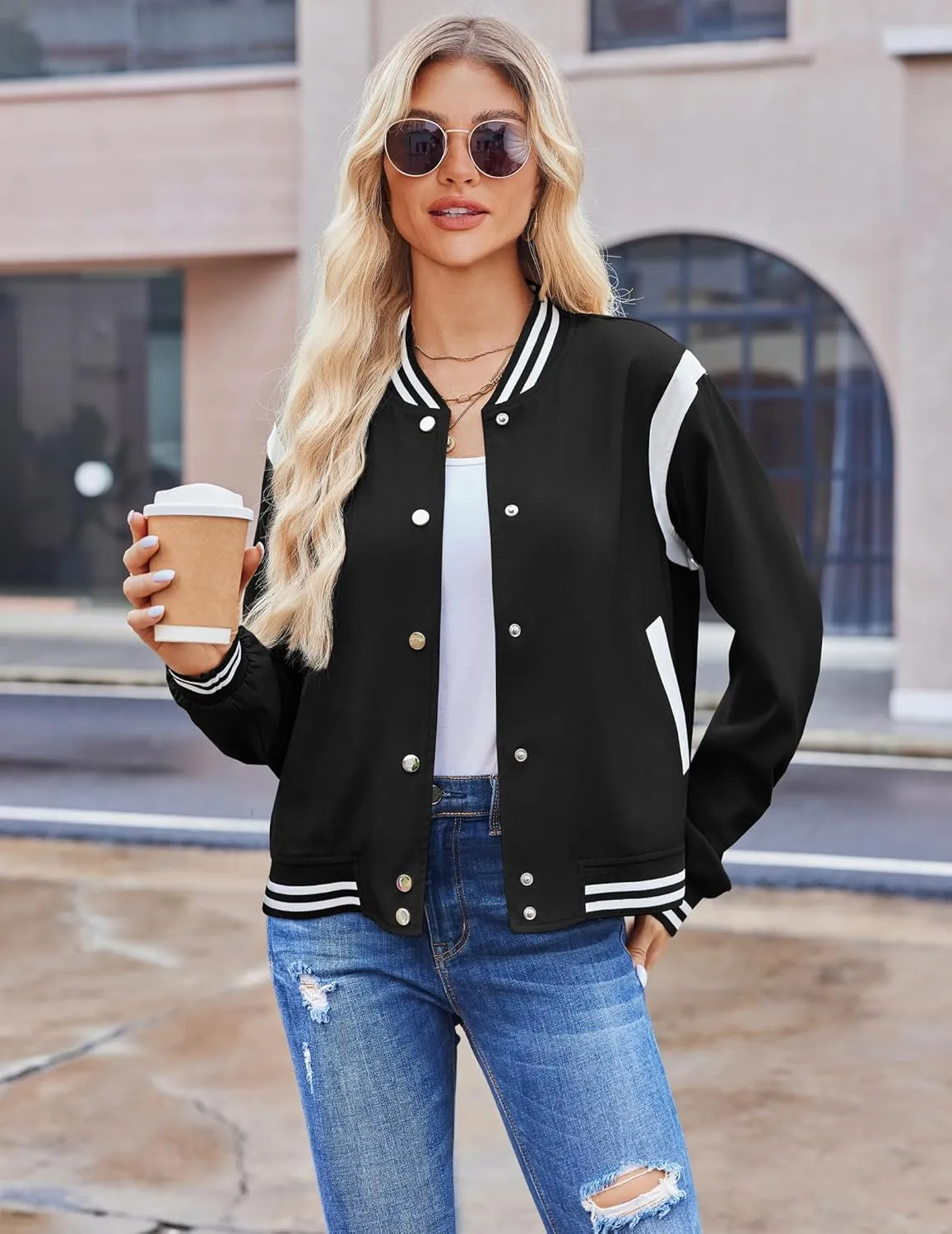 Zeagoo Women's Bomber Jacket Casual Striped Button Down Coat