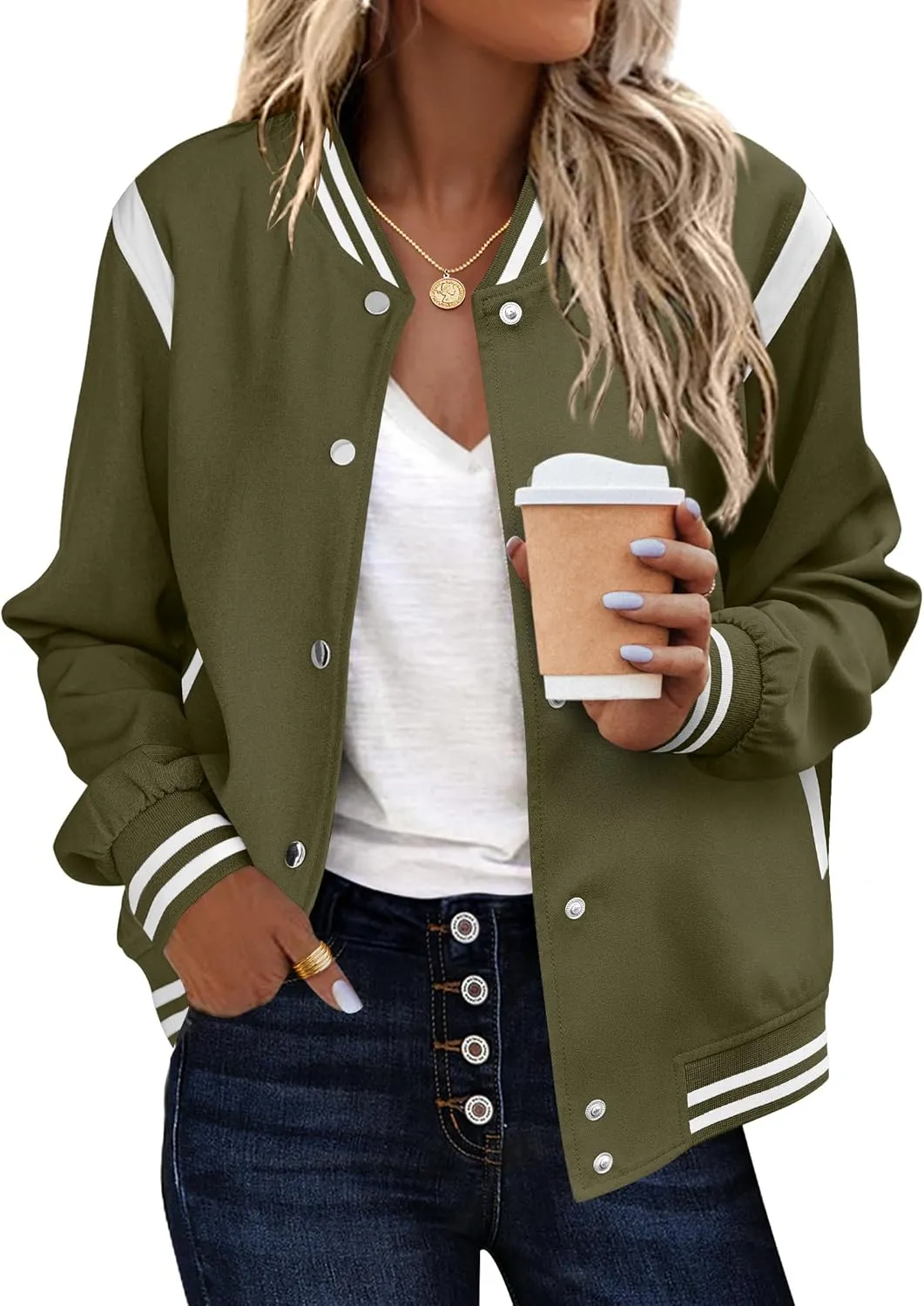 Zeagoo Women's Bomber Jacket Casual Striped Button Down Coat